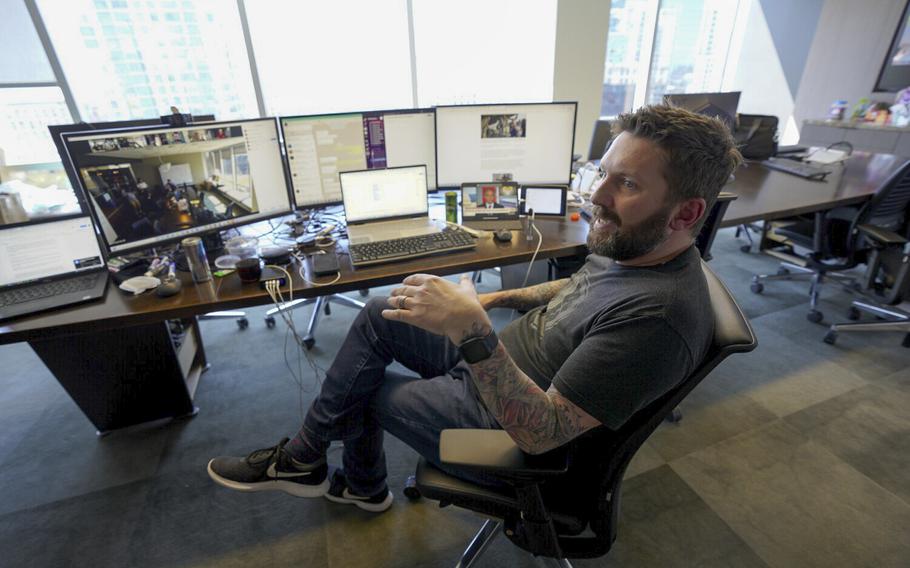 Navy veteran Shawn VanDiver speaks from a San Diego high rise on Aug. 27, 2021, about the work his organization is doing to assist Afghans safely leave Afghanistan.