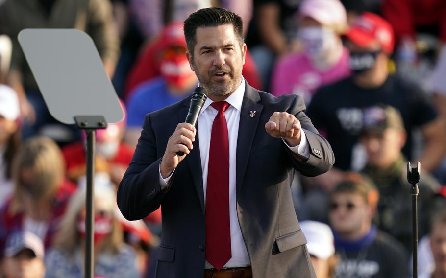 Pennsylvania Republican congressional candidate and former Army Ranger Sean Parnell speaks ahead of a campaign rally with President Donald Trump Tuesday, Sept. 22, 2020, in Moon Township, Pa. The candidate endorsed by former President Trump for U.S. Senate in Pennsylvania has lost a court fight over custody of his three children, two weeks after he took the stand to deny allegations by his estranged wife that he had hurt her and the children.