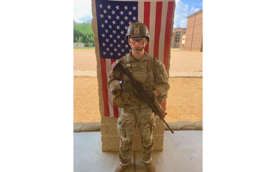Army Pfc. Jacob T. Atchison pictured at Fort Moore, where he was training to join the infantry before his death due to a medical emergency July 12, 2023, during a training event. 