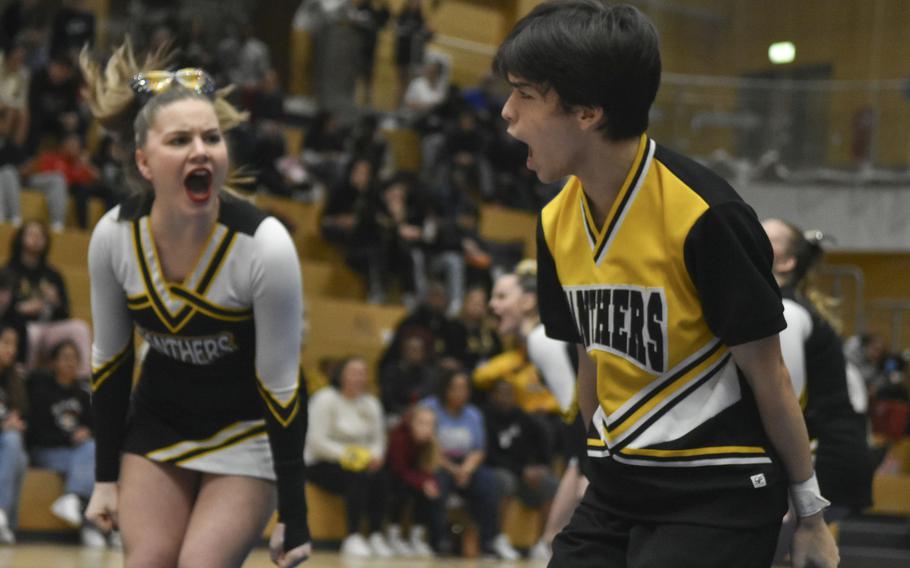 Chadwik Berrey fires up his Stuttgart teammates during the team’s routine at the 2024 DODEA-Europe Cheerleading Championships in Wiesbaden, Germany on Friday, Feb. 16, 2024. Judges named Berrey to the All-Tournament team during the competition.  