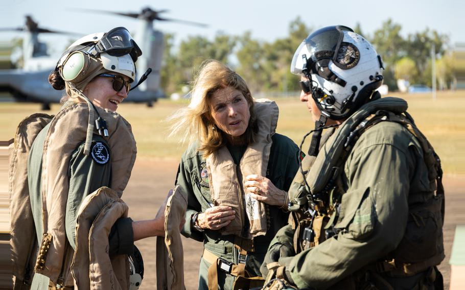 U.S. Ambassador to Australia Caroline Kennedy, center, speaks to Marine Lt. Col. Lisa Cordonnier and Staff Sgt. Jason Bradtmueller at Robertson Barracks, Northern Territory, Australia, May 17, 2023. 