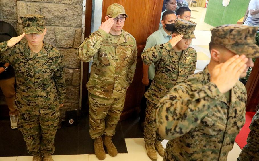 U.S. troops attend the Balikatan exercise's opening ceremony at Camp Aguinaldo in Quezon city, northeast of Manila, Tuesday, April 11, 2023.