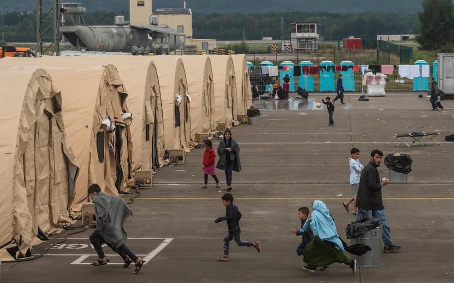 Afghan refugees live in temporary shelter at Ramstein Air Base on Monday, Aug. 30, 2021. 