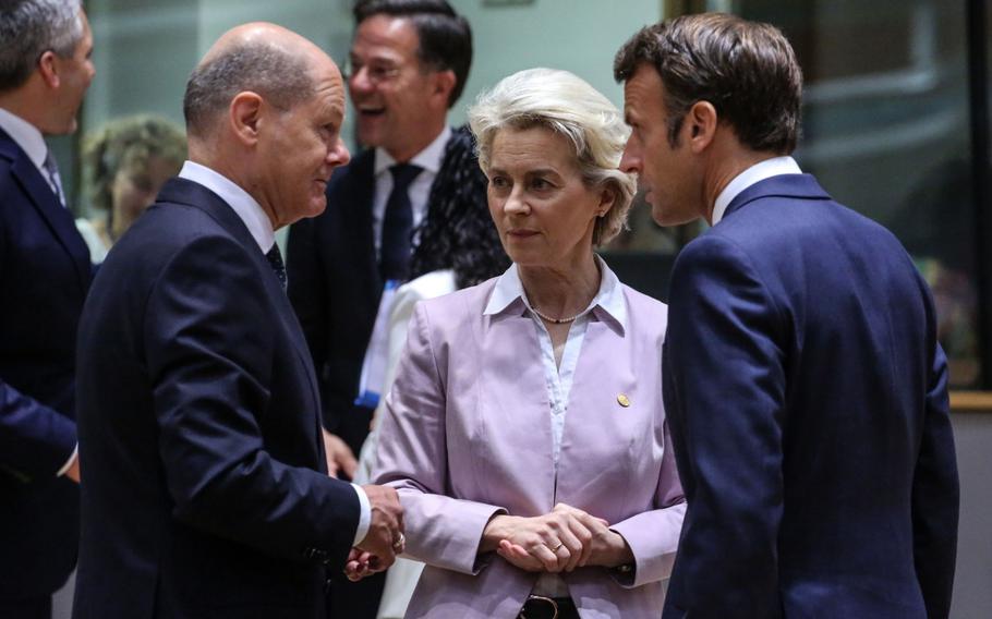 Olaf Scholz, Ursula von der Leyen, and Emmanuel Macron at the European Union Western Balkans leaders summit in Brussels on June 23, 2022.