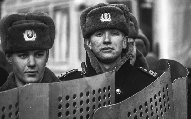 Ken George/Stars and Stripes
Moscow, February, 1992: Russian riot police try to maintain order at a pro-Communist rally near the Tomb of the Unknown Soldier in Red Square. Before the day was over, ten police officers and several demonstrators were injured in clashes that were described as the most violent since the fall of the Soviet Union. The demonstration, sparked by a rapid decline in living conditions, was witnessed by a Stars and Stripes team that was in Moscow to talk with recipients of American food aid brought in by U.S. military airlifts.