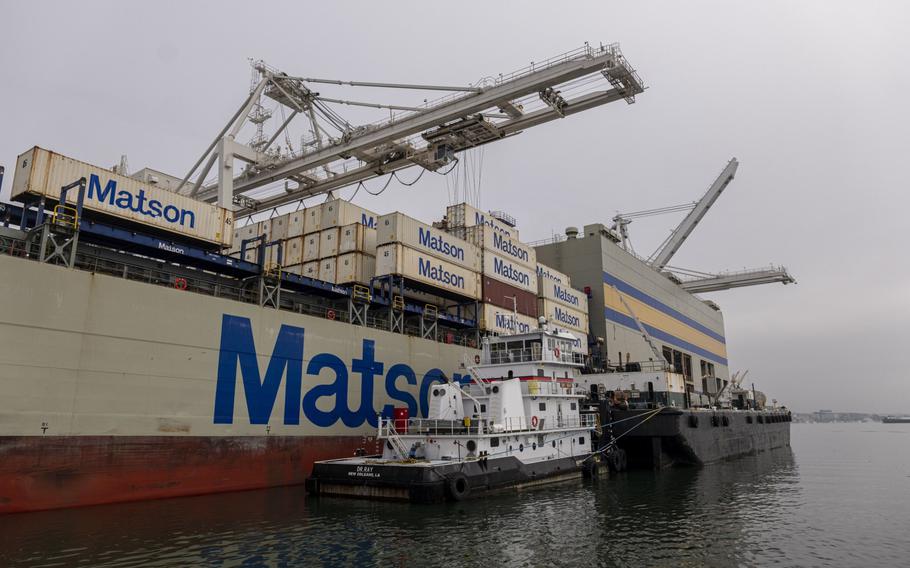 A Matson cargo ship at the Port of Oakland in Oakland, Calif., on Nov. 19, 2021. 