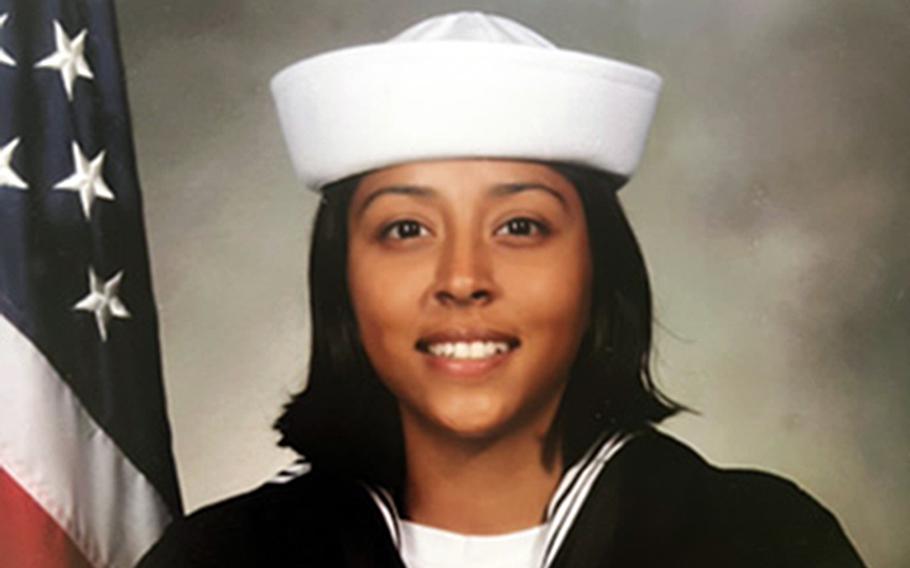 A portrait of Angelina Resendiz in her Navy uniform.
