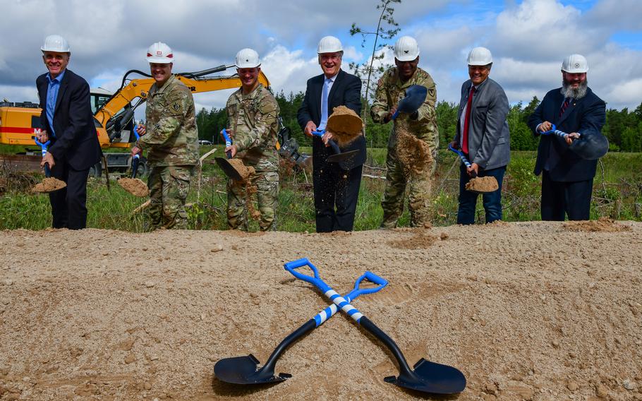 Dignitaries from the Army and Germany break ground on the Operational Readiness Training Complex at the Grafenwoehr Training Area in the German state of Bavaria on Aug. 4, 2023.