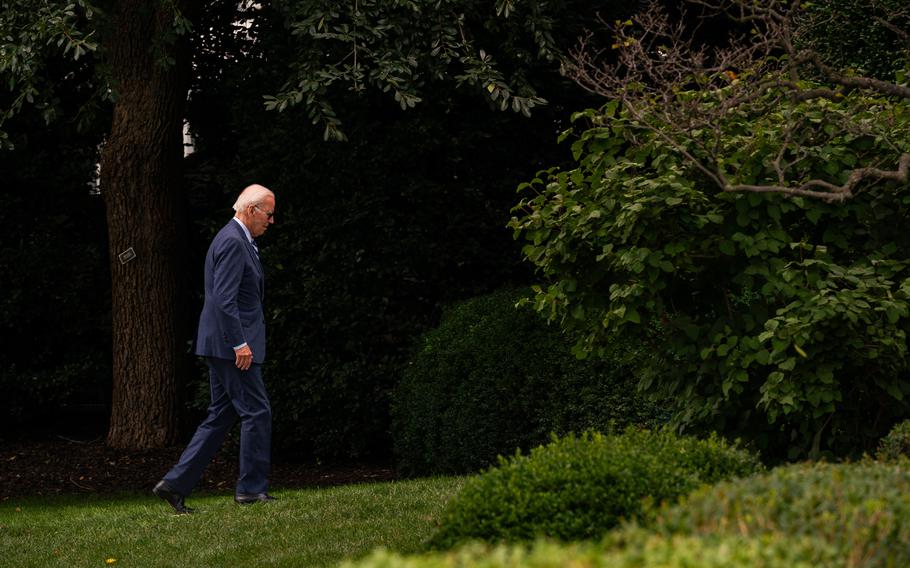 President Biden walks to the Oval Office as he returns to the White House on Aug 14, 2023.