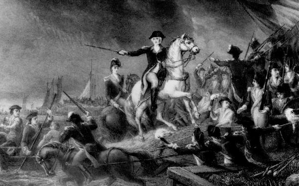 A painting showing George Washington on a white horse with sword drawn.