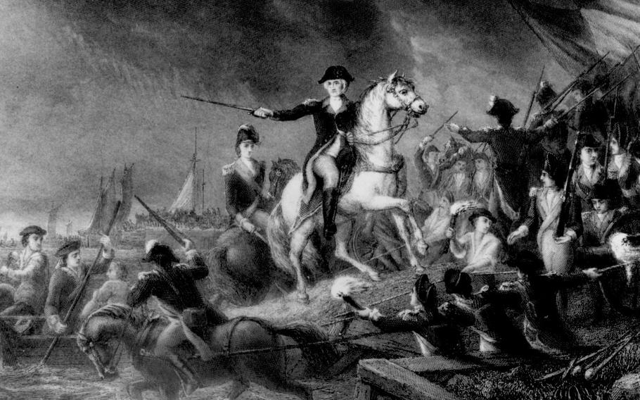 A painting showing George Washington on a white horse with sword drawn.