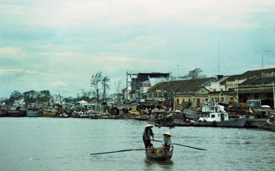 A boat floats on a river