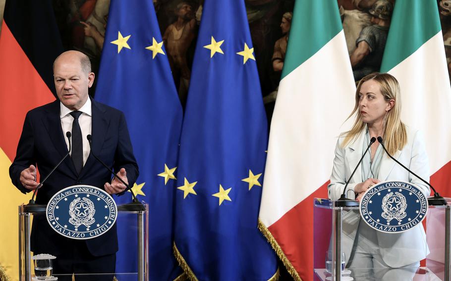 Italian Prime Minister Giorgia Meloni listens as German Chancellor Olaf Scholz speaks in Rome, Italy, on June 8, 2023.