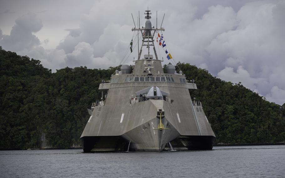 U.S. Marines and U.S. Coastguardsmen with Task Force Koa Moana 21, I Marine Expeditionary Force, accompany the U.S. Ambassador to the Republic of Palau to observe the USS Jackson (LCS 6), Destroyer Squadron 7, departing from the Commercial Seaport of Palau, in Koror, Republic of Palau, Sept. 4, 2021. 