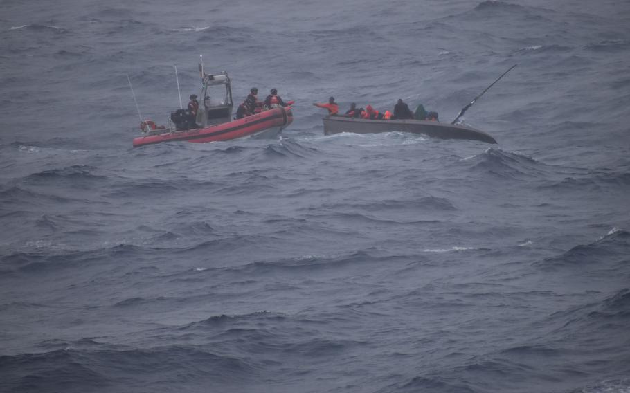 A Coast Guard Cutter Dependable (WMEC 626) small boat crew operates in 8-to-12-foot seas with winds gusting up to 46 mph while rescuing 33 Haitians from a sinking boat, Jan. 22, 2024, 6 miles off the coast of Haiti.