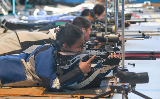 Stuttgart’s Jamela Santos lays in the prone position during during the DODEA-Europe marksmanship championship at Ansbach Middle High School on Jan. 27, 2024. Santos finished at the top of the Stuttgart team, posting two 190s in the prone and kneeling. 