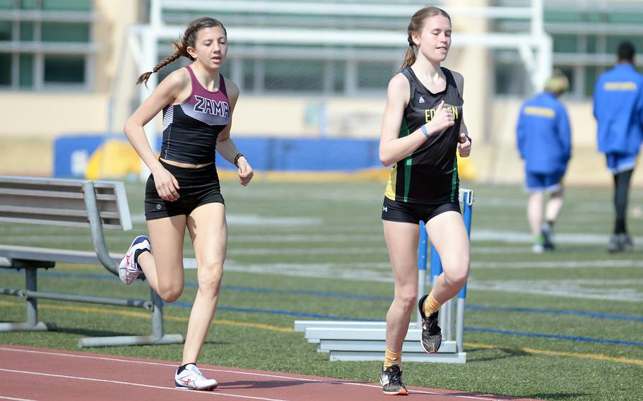 Zama sophomore Lilianna Fennessey and Robert D. Edgren senior Morgan Erler are looking toward distance titles during Saturday's DODEA-Japan district finals.