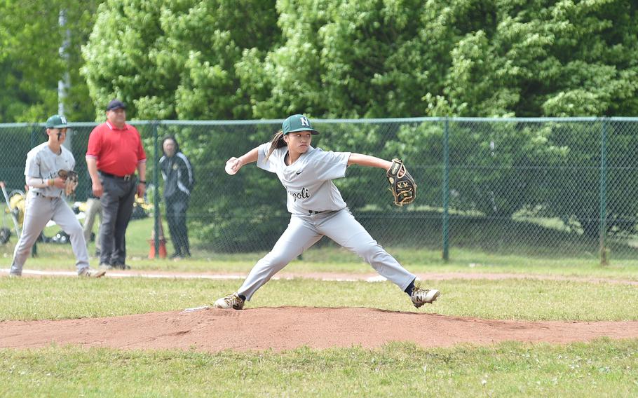 Naples pitcher Ella Grace throws during the Division II/III DODEA European baseball championship game against Sigonella on May 20, 2023, at Southside Fitness Center on Ramstein Air Base, Germany. The junior tossed a perfect game in the Wildcats’ 16-0 win over the Jaguars.