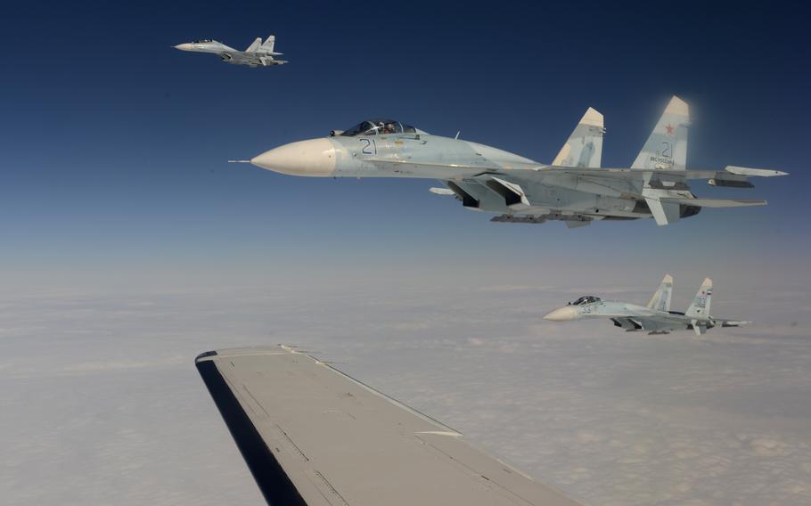 A Russian air force Su-27 Sukhoi intercepts a simulated hijacked aircraft over Russian airspace in 2013. On Tuesday, an Su-27 collided with a U.S. drone in international airspace over the Black Sea, U.S. officials said.