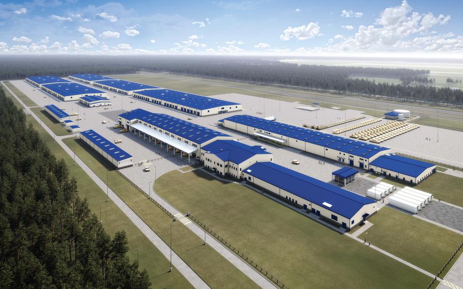 A 2021 digital rendering shows plans for the Army's pre-positioned stock site in Powidz, Poland. The facility is slated to open this year and offers 650,000 square feet of warehouse space for battle tanks, armored combat vehicles and artillery.