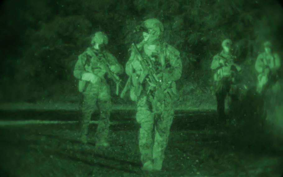 U.S. Marines with the 31st Marine Expeditionary Unit (MEU) Maritime Raid Force patrol while conducting a training raid at Wet ‘n’ Wild Hawaii, a local water park, during Realistic Urban Training Exercise 22.1 (RUTEX) in Kapolei, Hawaii, Jan. 11, 2022.