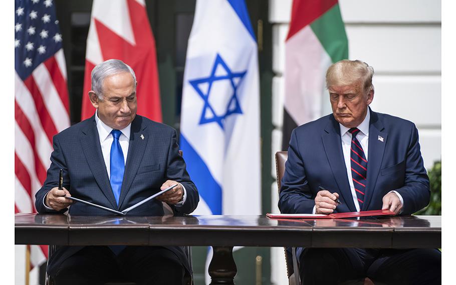 Israeli Prime Minister Benjamin Netanyahu and then-President Donald Trump at the signing ceremony for the Abraham Accords at the White House on Sept. 15, 2020.