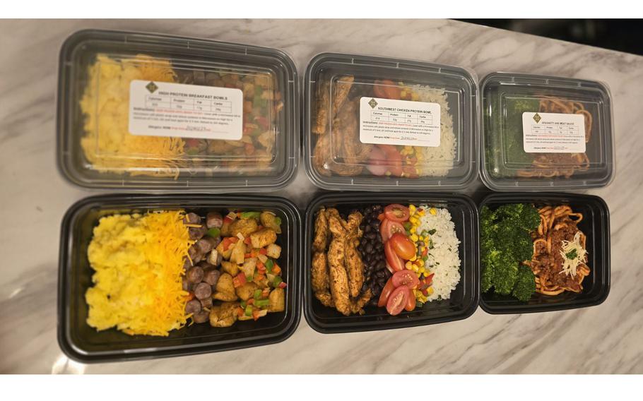 Three premade to-go meal options available in dining kiosks at Fort Carson, Colo. The base provides grab-and-go meals at kiosks instead of traditional dining facilities on the weekends.  