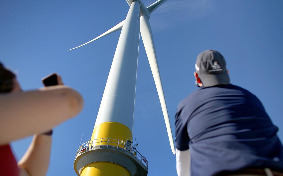 Dominion Energy’s first two turbines — part of a planned wind farm — are about 30 miles off the Virginia Beach coast. The Coast Guard already is planning how to conduct search and rescue operations around the massive structures. A turbine is seen Sept. 27, 2021.