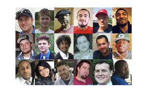 This combination of photos shows, top row from left, Anthony Timpa, Austin Hunter Turner, Carl Grant, Damien Alvarado, Delbert McNiel and Demetrio Jackson; second row from left, Drew Edwards, Evan Terhune, Giovani Berne, Glenn Ybanez, Ivan Gutzalenko and Mario Clark; bottom row from left, Michael Guillory, Robbin McNeely, Seth Lucas, Steven Bradley Beasley, Taylor Ware and Terrell "Al" Clark. Each died after separate encounters with police in which officers used force that is not supposed to be deadly. (AP Photo)