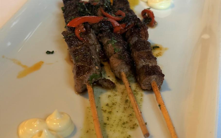 Pinchos carne at Casa Andalusia in Weiden, Germany, are made from lamb and served with a tasty garlic mayo. 