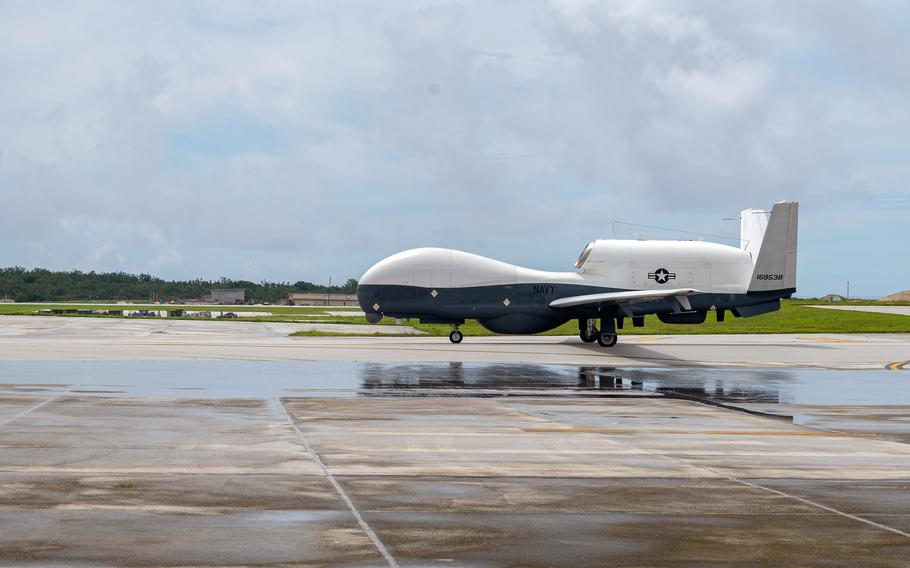 The Navy’s newest surveillance drone, the MQ-4C Triton, taxis at Andersen Air Force Base, Guam, Aug. 4, 2023. 