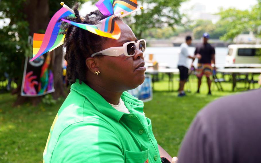 Petty Officer 1st Class Steph Bolding attends the Pride Day parade she organized at Yokosuka Naval Base, Japan, Wednesday, June 28, 2023. 