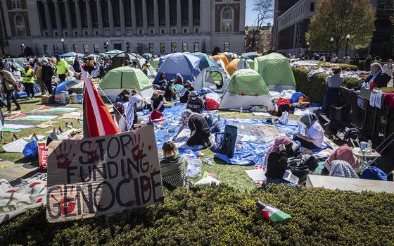 A sign sits at the pro-Palestinian demonstration encampment at Columbia University in New York on April 22, 2024. 