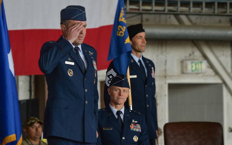 Col. Kevin Crofton gives his first salute as commander to the airmen of the 52nd Fighter Wing on June 2, 2023, at Spangdahlem Air Base, Germany.