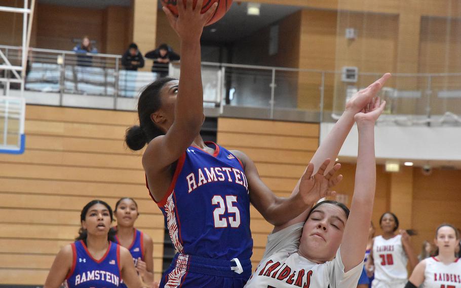 Ramstein’s Bralyn Jones helped her team to a Division I semifinal victory over Kaiserslautern on Friday, Feb. 16, 2024, in the DODEA European Basketball Championships in Wiesbaden, Germany.