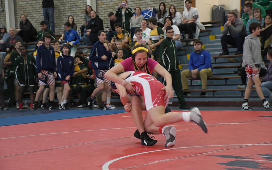 Lakenheath's Sophia Yorko drives into her opponent for a takedown Saturday, Dec. 3, 2022 at RAF Lakenheath, England. 