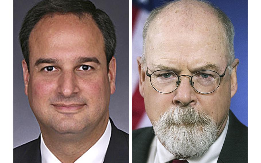 Attorney Michael Sussmann, left, and Special Counsel John Durham, who on Thursday, Sept. 16, 2021, charged Sussmann with making a false statement to the FBI. 