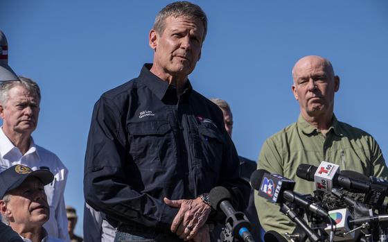 Tennessee Governor Bill Lee speaks during a press conference at Shelby Park in Eagle Pass, Texas, on Feb. 4, 2024. (Sergio Flores/AFP/Getty Images/TNS)