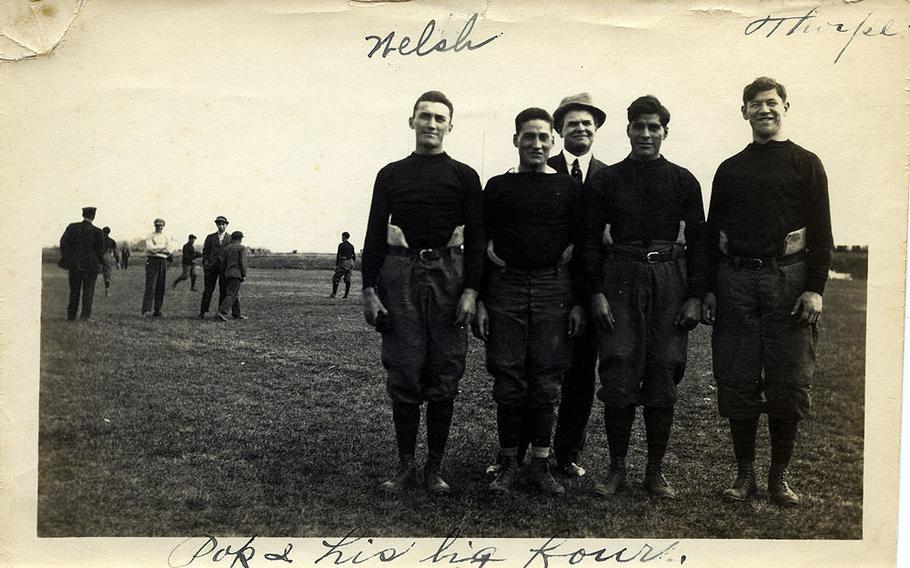 From left: Gus Welch, Alex Arcasa, Glenn “Pop” Warner, Stancil “Possum” Powell and Jim Thorpe ca. 1912. 