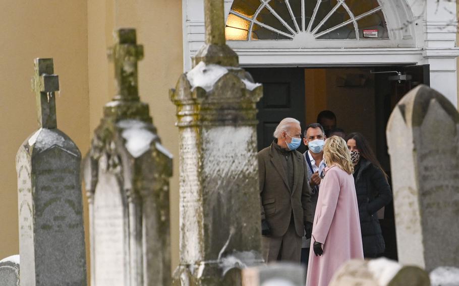 President Joe Biden and first lady Jill Biden attend Mass in Delaware with daughter Ashley and her husband, Howard Krein, on Dec. 18, 2020, the anniversary of the car accident that killed the president's first wife and daughter.