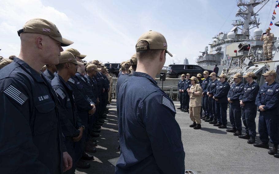 Chief of Naval Operations Adm. Lisa Franchetti welcomes the Arleigh Burke-class destroyer USS Carney (DDG 64) to Norfolk, Va., Friday, May 10, 2024.