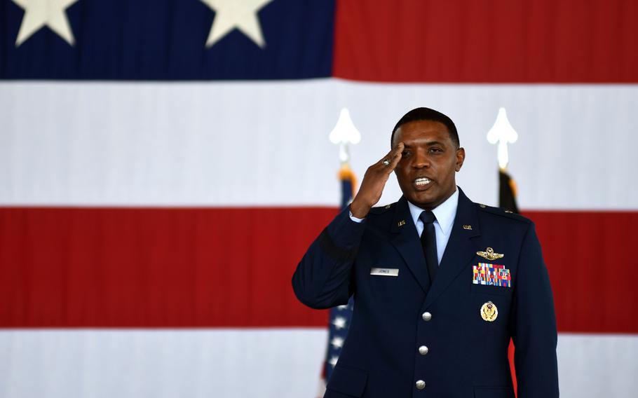 Brig. Gen. Otis C. Jones salutes his airmen during the 86th Airlift Wing change of command ceremony on Friday, July 15, 2022, at Ramstein Air Base, Germany. Jones took command from Brig. Gen. Josh M. Olson, who is moving on to an assignment at the Pentagon after leading the wing for nearly two years.