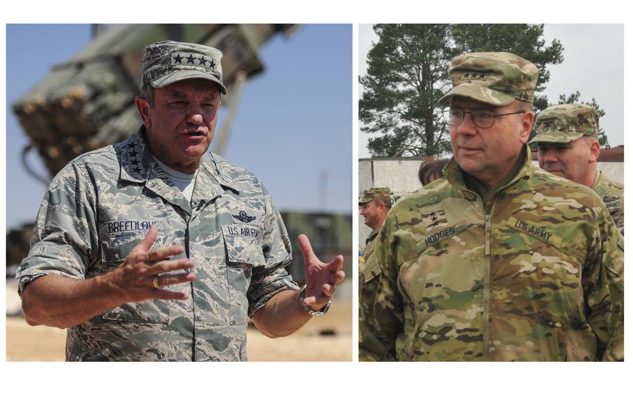 At left, Air Force Gen. Philip Breedlove, then-NATO’s Supreme Allied Commander Europe and commander of U.S. European Command, talks at a news conference July 31, 2014, in Gaziantep, Turkey. At right, Lt. Gen. Ben Hodges, then-commander of U.S. Army Europe, observes soldiers conducting training, Nov. 5, 2016, at the International Peacekeeping and Security Center in Yavoriv, Ukraine. 