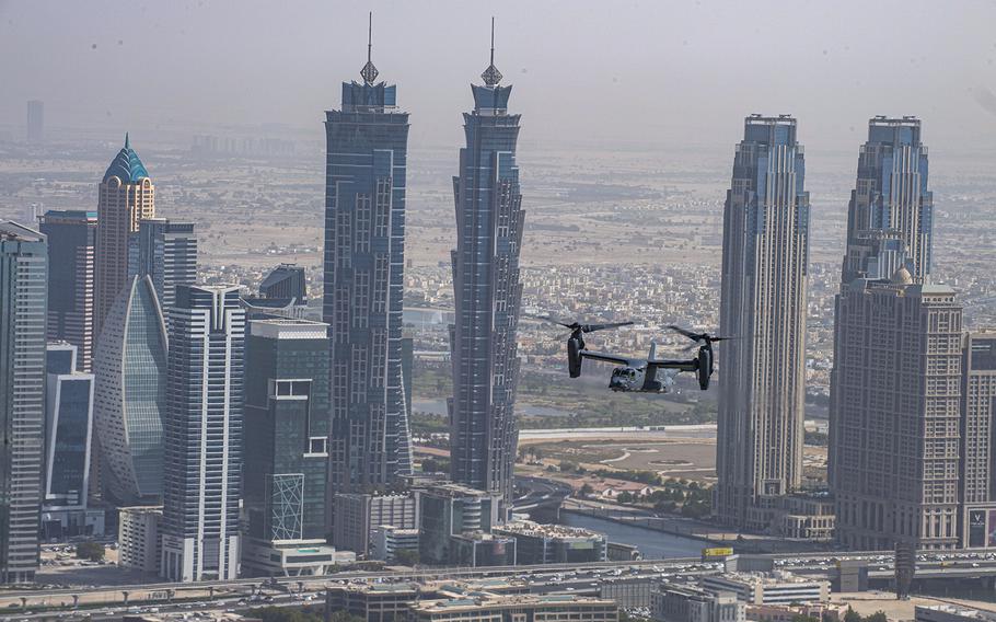 A U.S. Air Force CV-22 Osprey flies around Dubai, United Arab Emirates, on Sept 16, 2021. According to reports on Saturday, Nov. 12, 2022, U.S. intelligence officials have compiled a classified report detailing extensive efforts  by the United Arab Emirates to manipulate the American political system.