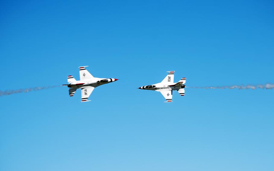 Members of the U.S. Air Force Thunderbirds fly over the skies of Moody Air Force Base, Ga., Oct. 27, 2017. 