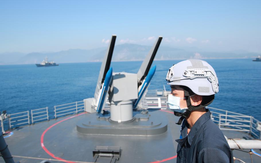 A Taiwan navy sailor on the Kee Lung-class destroyer DDG 1803 outside of Suao, Taiwan, on July 26, 2022.