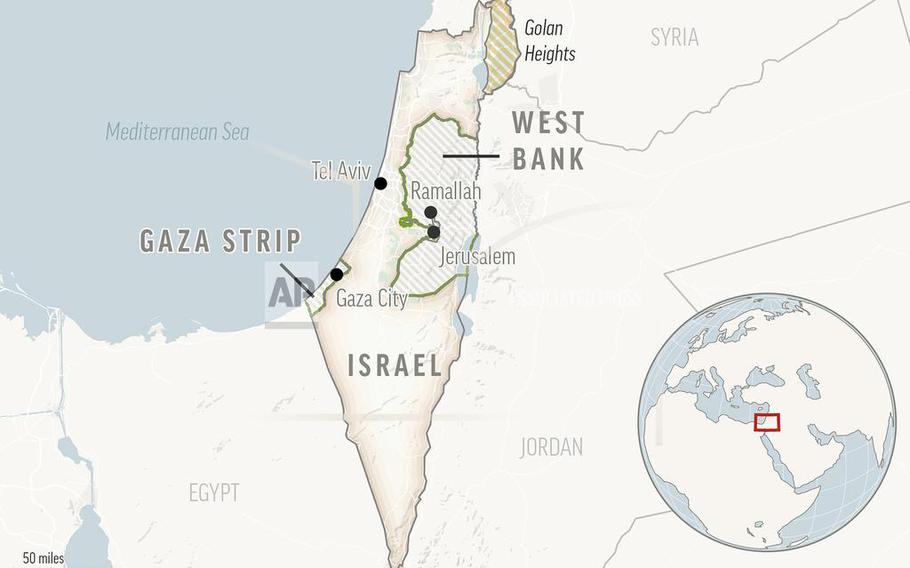 A map of the Middle East shows Israel, with the Gaza Strip, West Bank and Golan Heights marked.