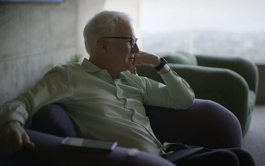 Steve Martin appears in a scene from “Steve! (Martin) a Documentary in 2 Pieces,” which premieres Friday on Apple TV+. The documentary splits Martin’s story in two halves. One depicts Martin’s stand-up as it unfolded, with copious contributions from journal entries and old photographs. The other captures Martin’s life as it is today — riding electric bikes with Martin Short, practicing the banjo — with reflections on the career that followed.