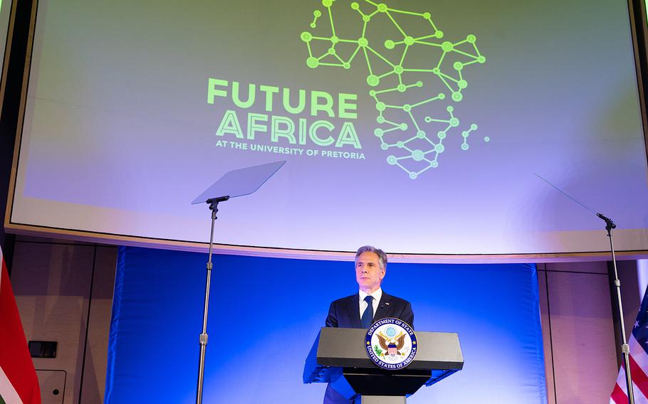 Secretary of State Antony Blinken delivers a speech on the new U.S. strategy for sub-Saharan Africa in Pretoria, South Africa, on Aug. 8, 2022.  