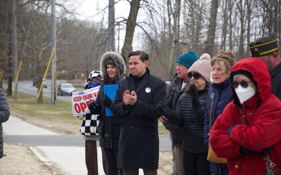 Dozens of elected officials, veterans and nurses turned out to protest the potential closure of a Veterans Affairs hospital in Northampton, Mass., on March 28, 2022.